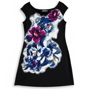 New Maggy London Floral Dress Brushstroke Print Sheath Black Multicolor Size 14
